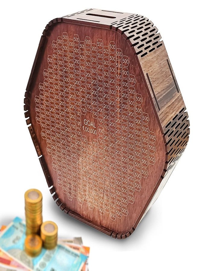 ويمبلي حصالة نقود خشبية عصرية من ويمبلي مع مخطط ادخار، أداة توفير المال للأطفال والكبار، حصالة عملات معدنية تحفيزية لتتبع الأهداف، هيكل خشبي متين للأولاد والبنات - سداسي الشكل - Image 1